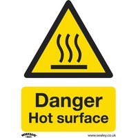 Yellow Sealey rigid plastic sign pack with black triangle and steam symbol, reads "Danger Hot Surface" in bold text.