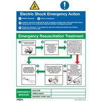"Sealey rigid plastic sign with electric shock emergency action steps, resuscitation treatment flowchart, and warning symbols"
