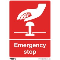 Red Sealey rigid plastic emergency stop sign with hand pressing button graphic and bold white text.
