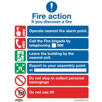 Sealey rigid plastic fire action sign with blue and red sections, fire alarm and exit icons, and emergency instructions.