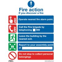 Sealey rigid plastic fire action sign with icons and instructions in blue, red, and green on a white background.