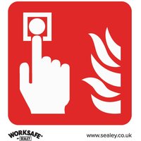 Red Sealey rigid plastic fire alarm sign with white hand pressing button and flame symbol.
