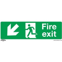 Green Sealey rigid plastic fire exit sign with white arrow pointing down left and running figure.