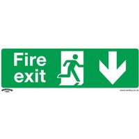 Green Sealey rigid plastic fire exit sign with white running figure and downward arrow, pack of 10.