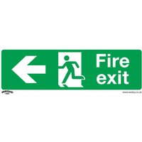 Green Sealey rigid plastic sign with white left arrow, running figure, and "Fire exit" text.