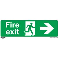 Green Sealey rigid plastic fire exit sign with white running figure and right-pointing arrow.