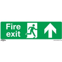 Green Sealey rigid plastic fire exit sign with white running figure and upward arrow.