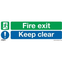 Sealey rigid plastic sign with green "Fire exit" and blue "Keep clear" text, includes emergency exit and exclamation icons.