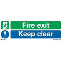 Sealey pack of 10 rigid plastic signs, green and blue with "Fire exit" and "Keep clear" text, includes exit symbol.