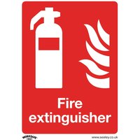 Red Sealey rigid plastic fire extinguisher sign with white extinguisher icon and flame graphic.