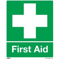 Green and white Sealey rigid plastic first aid sign with a cross symbol above the words "First Aid".