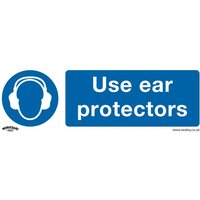 Blue and white Sealey rigid plastic sign with ear protection symbol and "Use ear protectors" text, pack of 10.