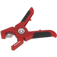 Red and black Sealey rubber hose and pipe cutter with ergonomic handles and sharp blade.