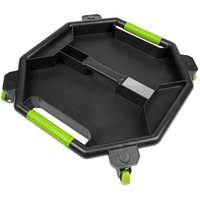 "Black octagonal Sealey creeper tool tray with green handles and caster wheels for mobility"