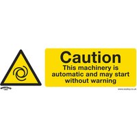 Yellow Sealey self-adhesive vinyl sign with black caution triangle and text warning of automatic machinery start.