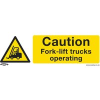 Yellow Sealey self-adhesive vinyl sign with black text "Caution Fork-lift trucks operating" and forklift graphic.