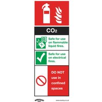 Sealey self-adhesive vinyl CO2 fire extinguisher sign with red, green, and white safety symbols and instructions.