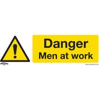 Yellow Sealey self-adhesive vinyl sign with black text "Danger Men At Work" and exclamation triangle icon, pack of 10.