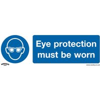 Blue Sealey self-adhesive vinyl sign with white text "Eye protection must be worn" and icon of person with glasses.