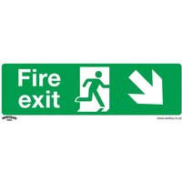 Green Sealey vinyl sign with white text "Fire exit," running figure, and arrow pointing down right.