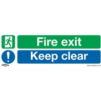 Sealey self-adhesive vinyl sign, green "Fire Exit" with icon, blue "Keep Clear" with exclamation mark.