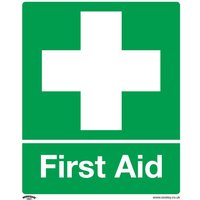 Green Sealey self-adhesive vinyl first aid sign with white cross and "First Aid" text.