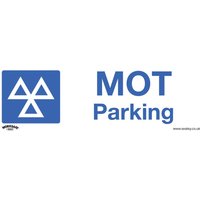 Sealey self-adhesive vinyl MOT parking sign, blue MOT logo on left, bold blue "MOT Parking" text on white background.