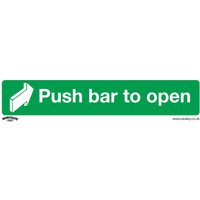 Green Sealey self-adhesive vinyl sign with white text "Push bar to open" and arrow graphic, pack of 10.