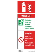 "Sealey self-adhesive vinyl sign, red and white, water fire extinguisher symbol, safety instructions included"