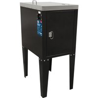 Black Sealey spray gun cleaning tank with silver top, door handle, and four sturdy legs, designed for two guns.