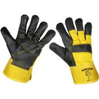 Yellow and black Sealey SSP13 Riggers Gloves with reinforced hide palm and adjustable wrist cuffs.