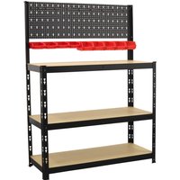 Black steel frame workbench with pegboard, three wooden shelves, and red storage bins by Sealey.