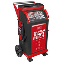 Red and black Sealey SUPERSTART550E battery starter/charger with wheels, digital display, and carrying handle.