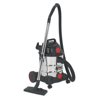 Sealey industrial vacuum cleaner with stainless steel drum, black and red accents, and flexible hose.