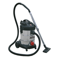 Sealey industrial vacuum cleaner with 30L stainless drum, black hose, wheels, and red power button.