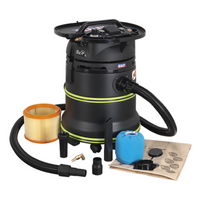 Black Sealey industrial vacuum cleaner with green accents, 35L drum, hose, filters, and accessories included.