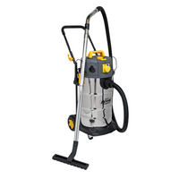 Sealey industrial vacuum cleaner, stainless steel drum, yellow accents, black hose, wheeled base, M Class filtration