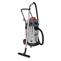 Sealey industrial vacuum cleaner, stainless steel drum, red and gray accents, black hose, wheeled base, M Class filter.