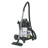 Sealey industrial vacuum cleaner, stainless steel drum, black hose, yellow accents, wheeled base, 20L capacity.