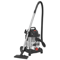 Sealey industrial vacuum cleaner, stainless steel drum, black hose, red accents, 20L capacity, 1250W power.