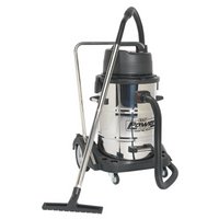 Sealey industrial vacuum cleaner, stainless steel drum, black top, swivel emptying, large wheels, and hose attachment.