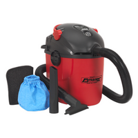 Red and black Sealey wet and dry vacuum cleaner, 10L capacity, 1000W, with hose, nozzle, and blue filter bag.