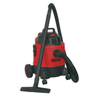 Red and black Sealey wet and dry vacuum cleaner with 20L capacity, large wheels, and a flexible hose.