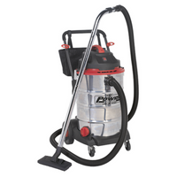 Sealey wet and dry vacuum cleaner with 60L stainless steel drum, black hose, red accents, and wheels.