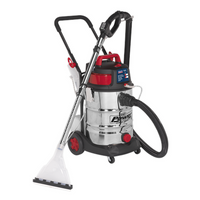 Sealey Valet Machine Wet & Dry 30L with stainless steel drum, red and black accents, hose, and wheeled base.