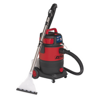 Sealey Valet Machine Wet & Dry 30L, red and black with a long hose, wheeled base, and transparent cleaning head.