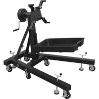 Black Sealey Viking engine stand with folding frame, rotating mount, and integrated drain pan on caster wheels.