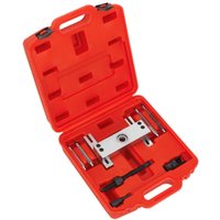 Red plastic case containing Sealey VS2075 BMW Diesel Injector Puller Set with metal components and black handles.