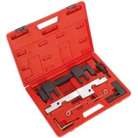 Red Sealey timing tool kit for BMW with various black and silver components in a molded case.