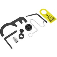 Sealey VSE6121A timing tool kit with black metal components, yellow tag, and chain for BMW diesel engines.